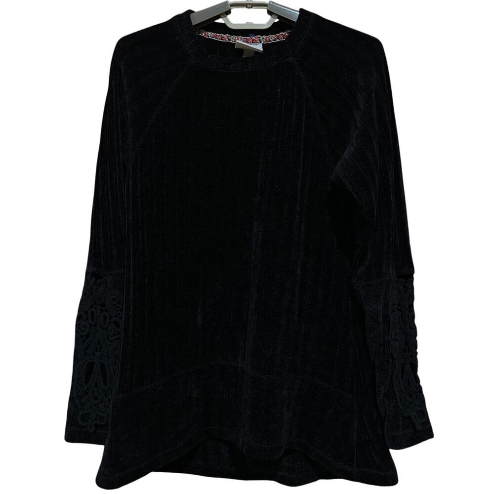 Knox Rose Black Velvet Tunic Top Size S Boho Chic Crochet Sleeve Whimsigoth Vamp